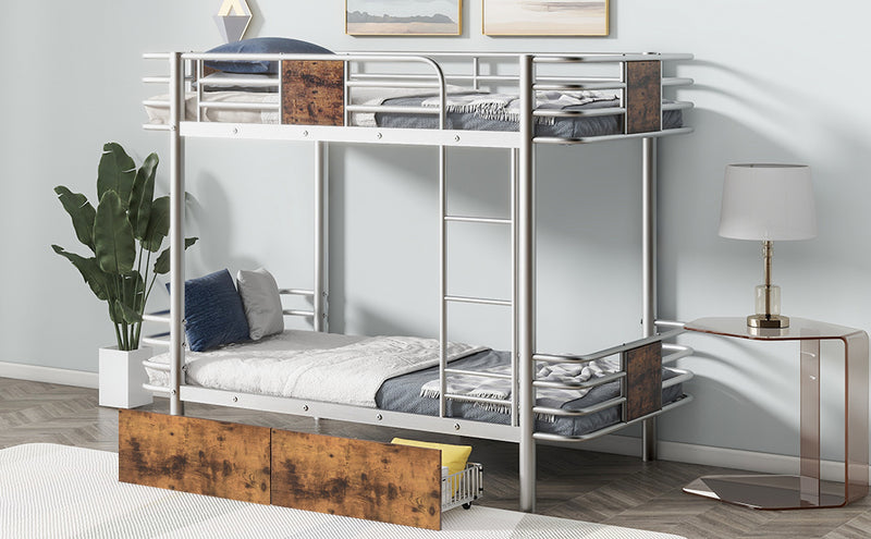 Twin XL over Twin XL Metal Bunk Bed with MDF Board Guardrail and Two Storage Drawers,Silver