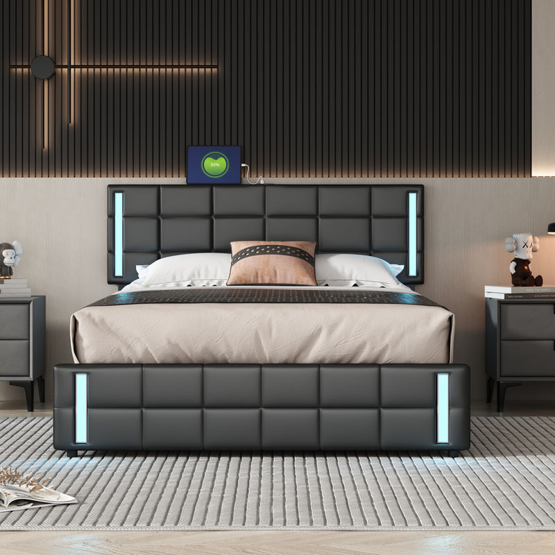 Queen Size Upholstered Platform Bed with LED Lights and USB Charging, Storage Bed with 4 Drawers, Black(Old SKU:WF302558AAB)