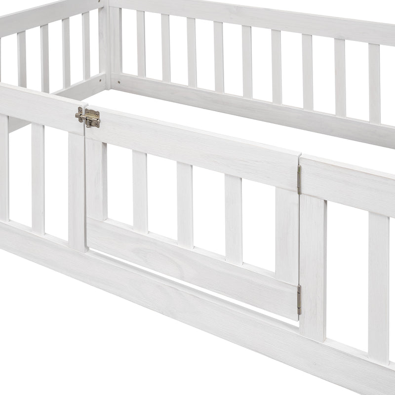 Twin Size Wood House Bed with Fence and Door, White Wash