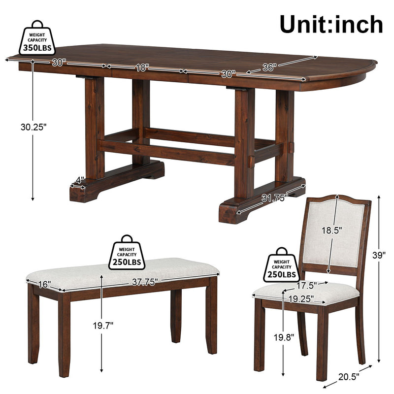 Extendable Wood Dining Table With Removable Leaf, Kitchen Table Set With 4 Upholstered Side Chair And Bench, Dining Table Set For 6 - Cherry