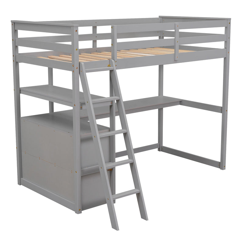 Twin Size Loft Bed with Desk and Shelves, Two Built-in Drawers, Gray(old SKU:GX000803AAE-1)