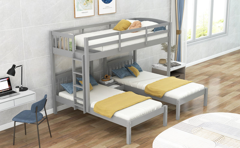 Twin over Twin & Twin Bunk Bed with Built-in Middle Drawer, Gray