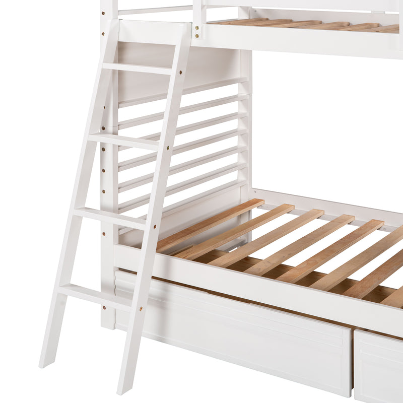 Twin over Twin Wood Bunk Bed with Two Drawers - White