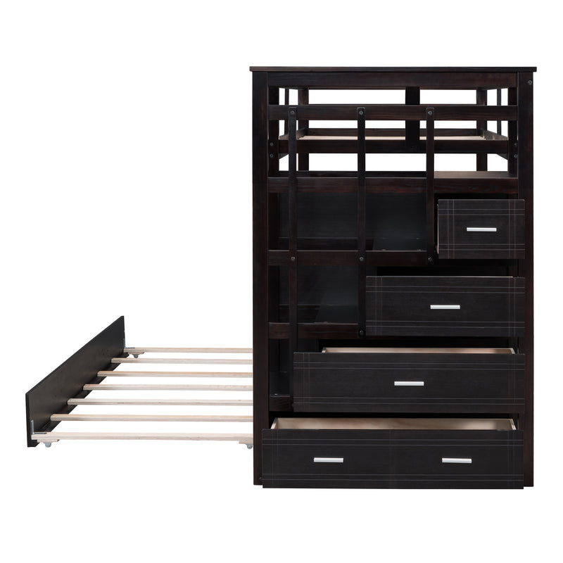 Twin Over Twin Bunk Bed with Trundle and Staircase,Espresso(OLD SKU:LT000068AAP)