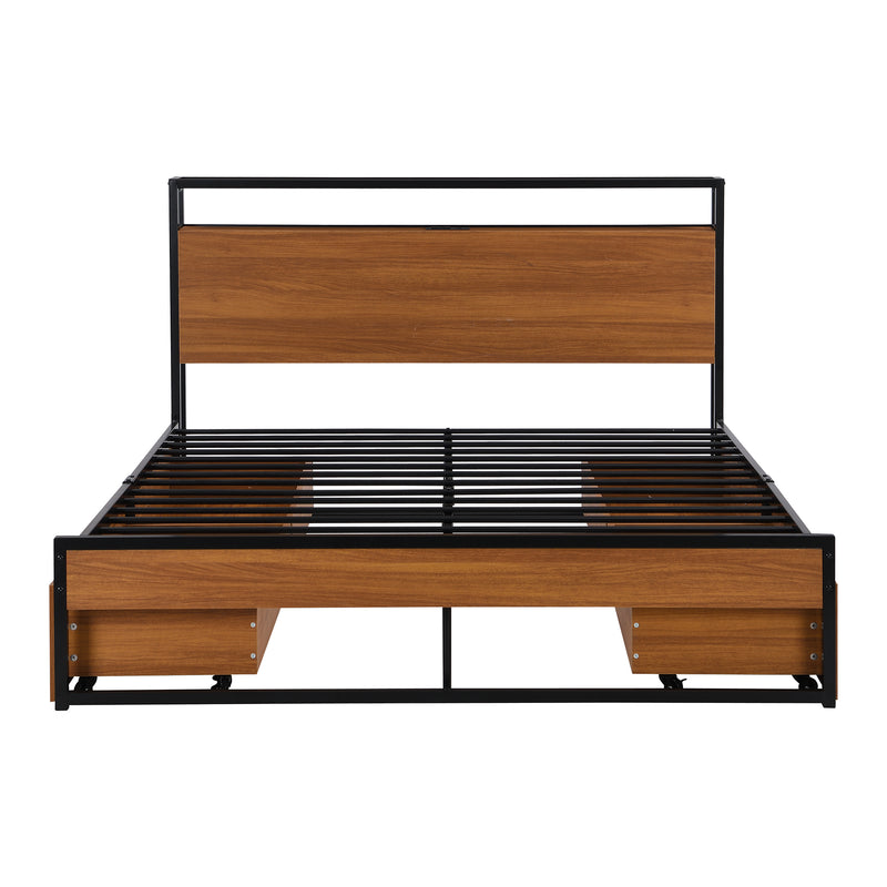 Queen Size Metal Platform Bed Frame with Four Drawers,Sockets and USB Ports ,Slat Support No Box Spring Needed Black