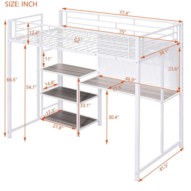 Loft Bed With Desk And Whiteboard, Metal Loft Bed With 3 Shelves And Ladder