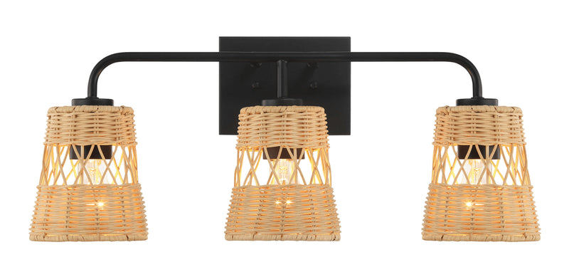 Moonlit - 3 Lights Wall Sconce With Shade, Bathroom Lighting Fixtures Over Mirror - Black / Rattan