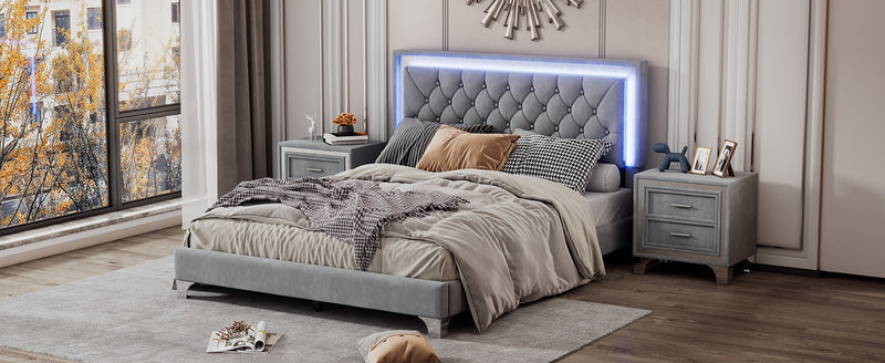 Queen Size Upholstered Bed Frame with LED Lights,Modern Velvet Platform Bed with Tufted Headboard,Gray