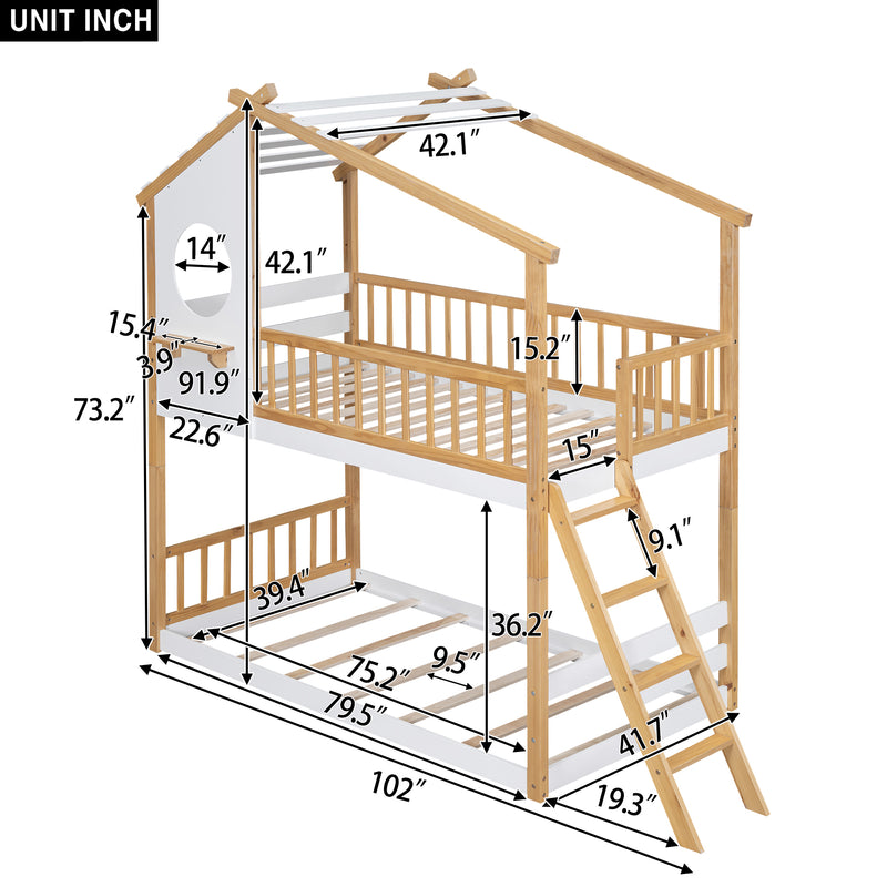 Twin Over Twin Bunk Bed Wood Bed with Roof, Window, Ladder,Natural(OLD SKU :LT100008AAD)