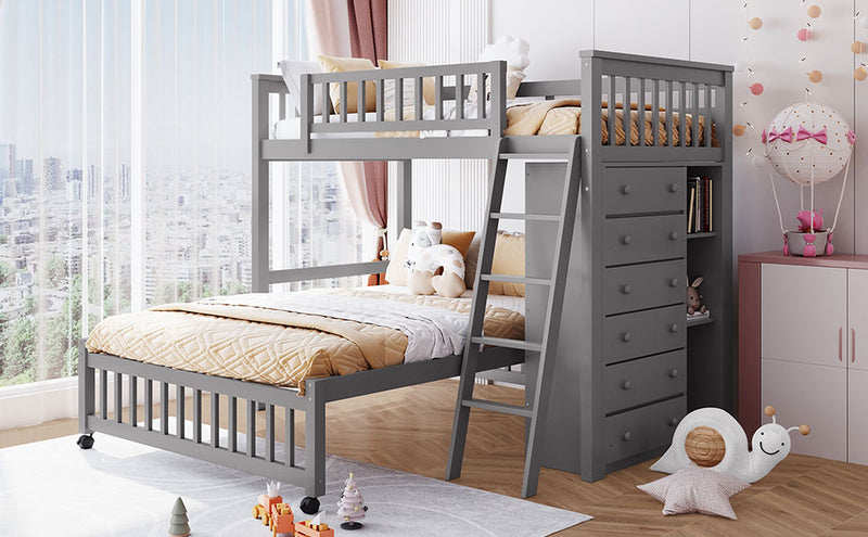 Wooden Twin Over Full Bunk Bed With Six Drawers And Flexible Shelves,Bottom Bed With Wheels,Gray(OLD SKU:LP000531AAE)