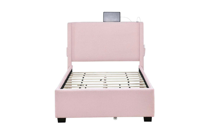 Twin Size Upholstered Bed Frame With Trundle Bed, Teddy Fabric, USB Functionality, And A Pocket Design On The Side Of The Headboard For Storing Small Items - Baby Pink