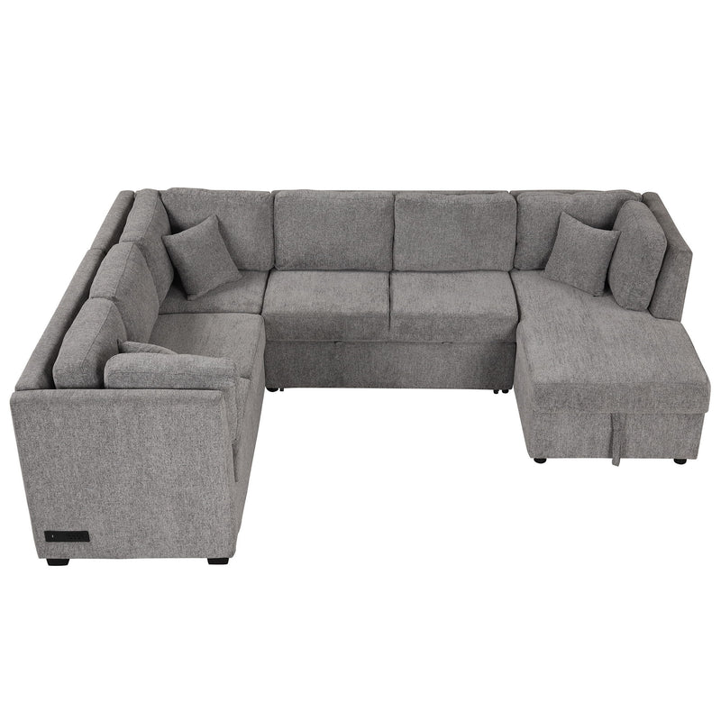 U-Shaped Sectional Sofa Pull Out Sofa Bed With Two USB Ports, Two Power Sockets, Three Back Pillows And A Storage Chaise For Living Room