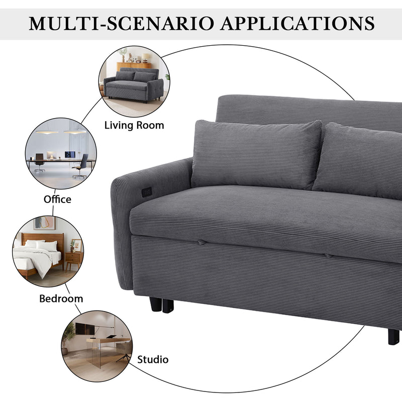 Pull-Out Sofa Bed Convertible Couch 2 Seat Loveseat Sofa Modern Sleeper Sofa With Two Throw Pillows And USB Ports For Living Room