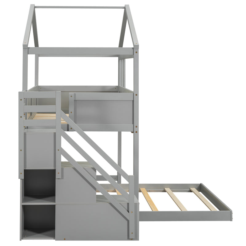 Twin over Full House Bunk Bed with Storage Staircase and Blackboard,Gray(Old SKU: GX001701AAE)