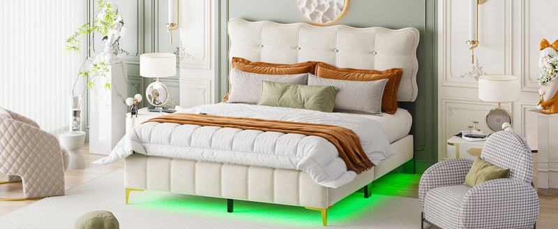 Queen Size Velvet Platform Bed with LED Frame and Stylish Mental Bed Legs, Beige