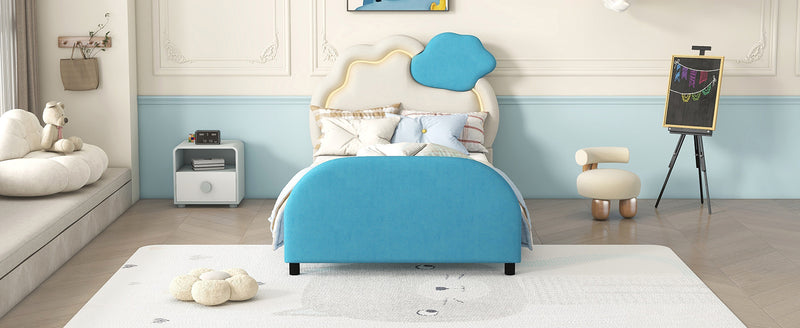 Twin Size Upholstered Platform Bed with Cloud-Shaped Headboard and Embedded Light Stripe, Velvet, Blue