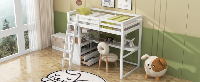 Twin Size Loft Bed with Desk and Shelves, Two Built-in Drawers, White(Old SKU: GX000423AAK)