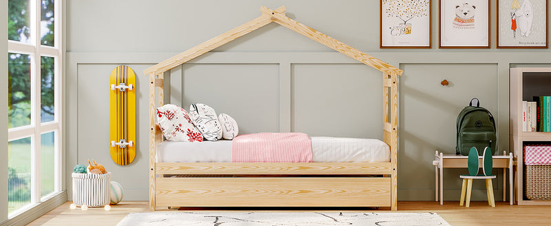 Twin Size Wooden House Bed with Twin Size Trundle, Natural