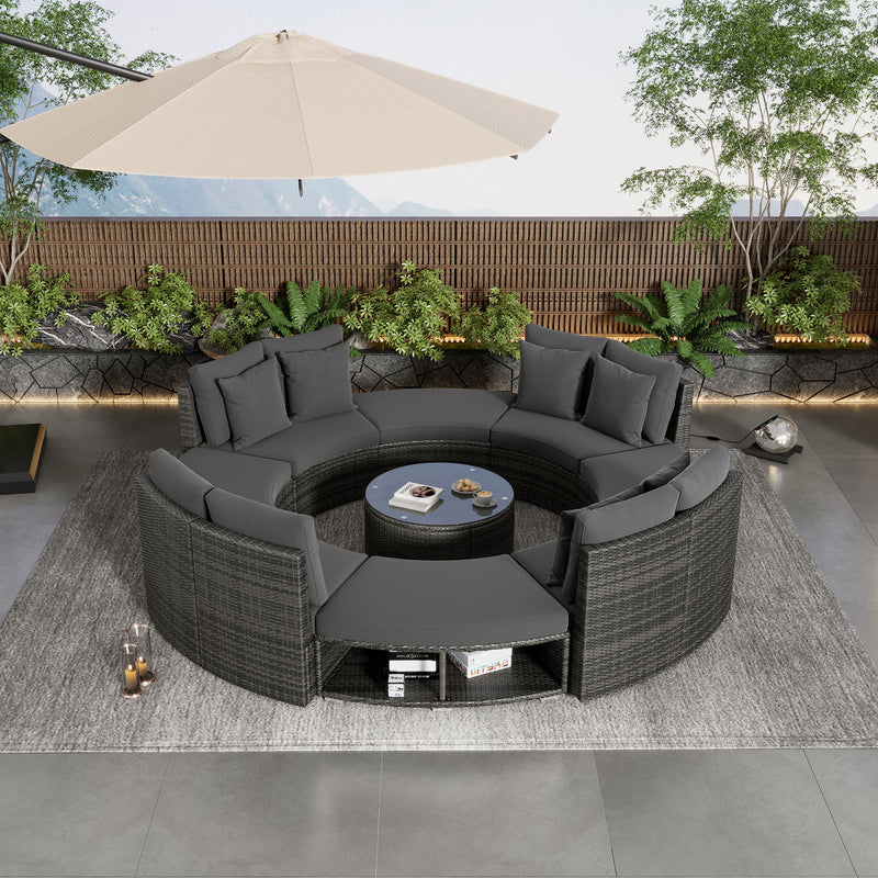 Outdoor Patio Furniture Luxury Circular Sofa Set Rattan Wicker Sectional Sofa Lounge Set With Tempered Glass Coffee Table, 6 Pillows