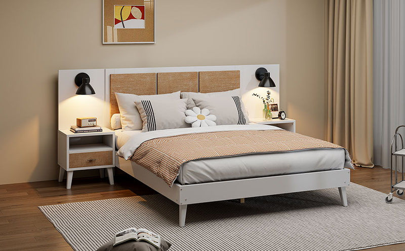 Solid Wood Bed Frame With 2 Nightstands, Elegant Design With Lamps, Rattan And Wood Combination