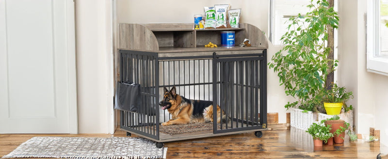 Heavy Duty Dog Crate Furniture For Medium Dog With Lockable Wheels, Wooden Dog Crate Dog Kennel, End Table Crate With Double Layer Storage