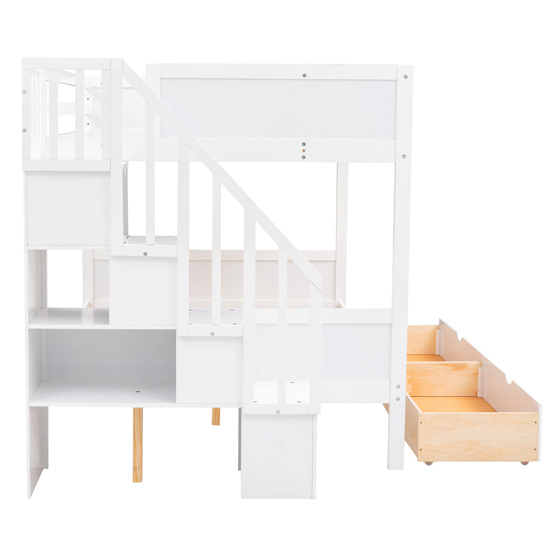 Twin over Full Bunk Bed with Shelfs, Storage Staircase and 2 Drawers, White