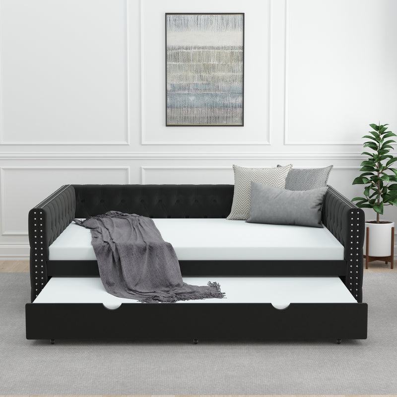 Daybed with Trundle Velvet Upholstered Tufted Sofa Bed, with Button and Copper Nail onSquare Arms,Full Daybed & Twin Trundle-  For Bedroom, Living Room, Guest Room,(83"x57"x26")