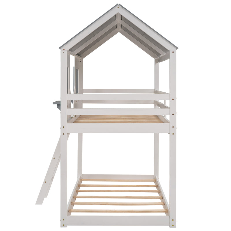 Twin Over Twin Bunk Bed Wood Bed with Roof, Window, Guardrail, Ladder (White)(OLD SKU :LP000045AAK)