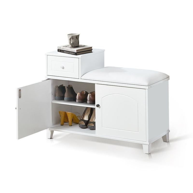 Shoe Storage Bench Cabinet With Fireproof PU Cushion, Double Doors And Movable Drawer For Door Entrance - White