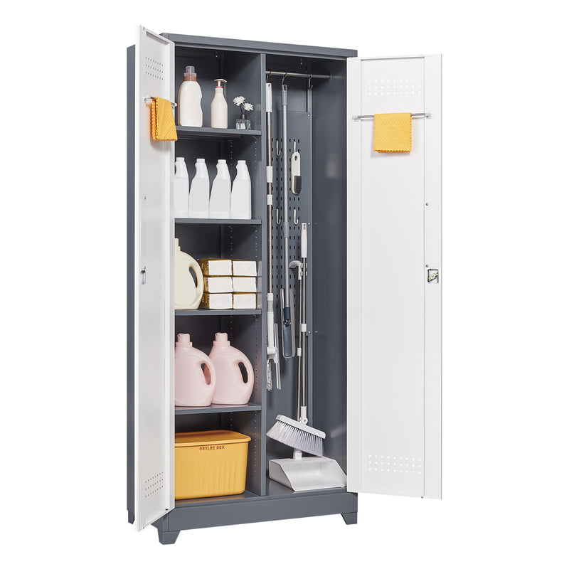 Metal Storage Cabinets, Cleaning Tool Cabinet With Locking Door, Tall Broom Tool Organizer And Storage, Large Storage Cabinet For Kitchen