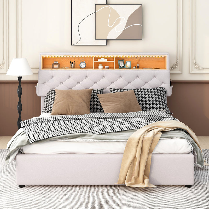 Queen Size Upholstered Platform Bed with Storage Headboard, LED, USB Charging and 2 Drawers, Beige