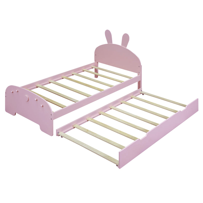 Wood Twin Size Platform Bed with Cartoon Ears Shaped Headboard and Trundle, Pink