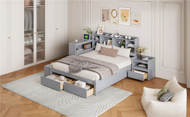 Platform Bed With Multi Functional Storage Space, Nightstand, 2 Drawers, USB Ports And Desk