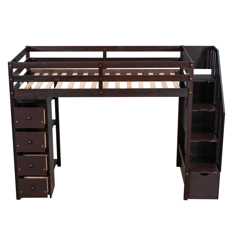 Twin size Loft Bed with Storage Drawers and Stairs, Wooden Loft Bed with Shelves - Espresso