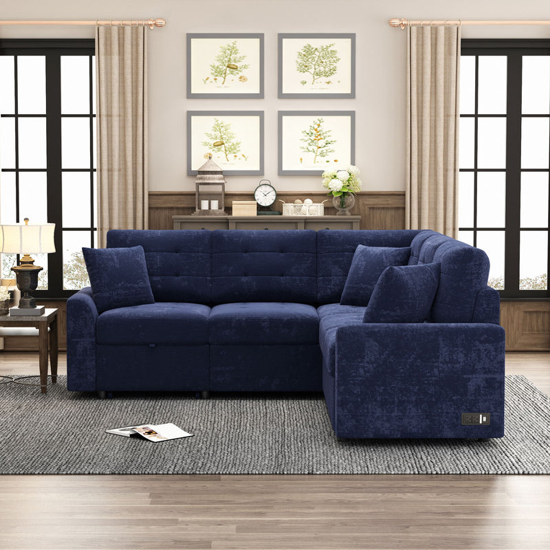 L-Shape Sofa Bed Pull-Out Sleeper Sofa With Wheels, USB Ports, Power Sockets For Living Room