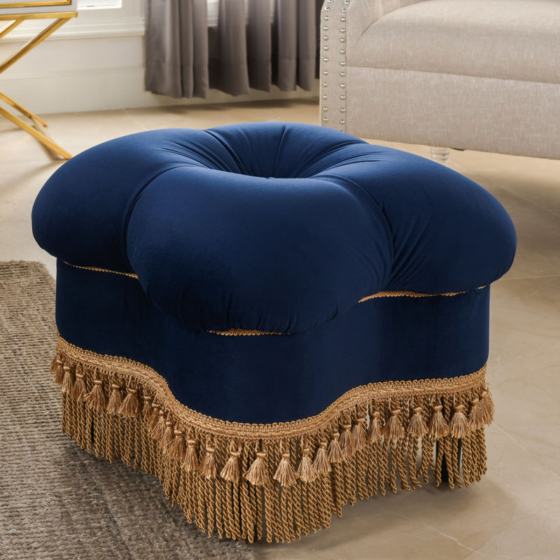 Ellen - Upholstered Clover Ottoman With Gold Bullion Fringe - Navy Blue