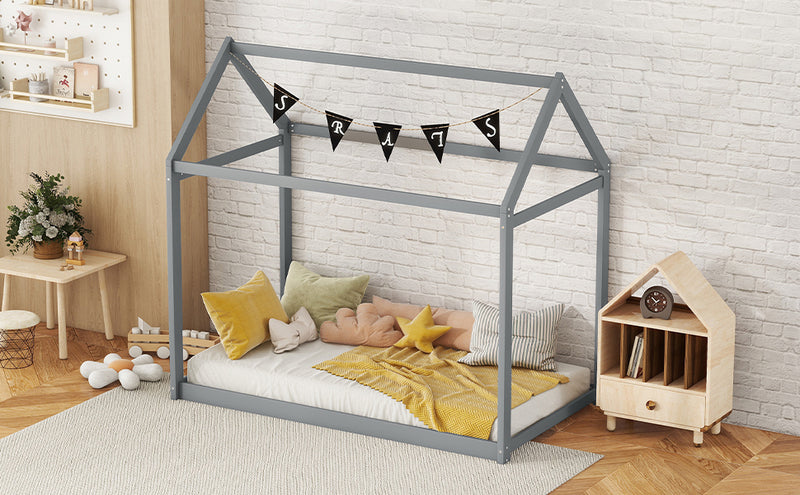 Twin Size Wooden House Bed, Gray