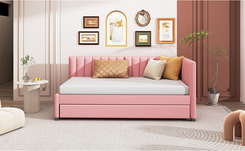 Upholstered Daybed with Trundle Twin Size Sofa Bed Frame No Box Spring Needed, Linen Fabric(Pink)