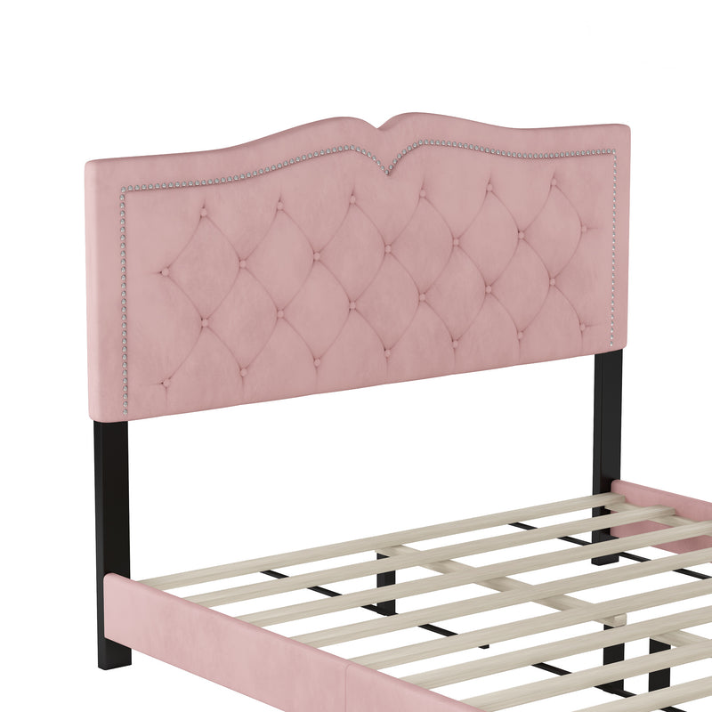 Queen Size Upholstered Bed Frame with Rivet Design, Modern Velvet Platform Bed with Tufted Headboard,Pink