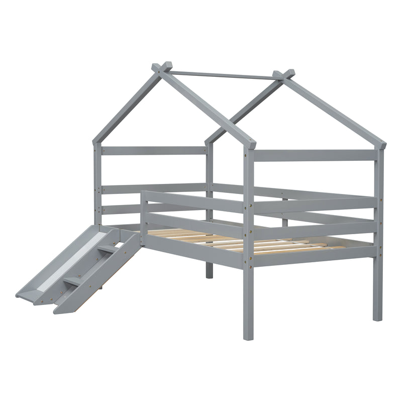 Twin Low Loft House Bed with Slide,  Ladder, Safety Guardrails, House Roof Frame,Grey