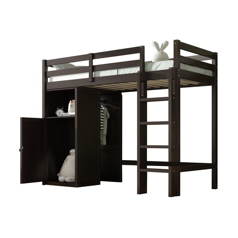 Twin Loft Bed with Wardrobe, Storage Shelves and Ladder, Espresso