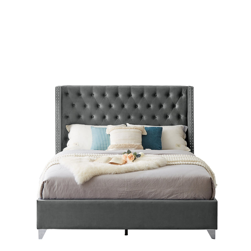 B100S Queen bed,  Button designed Headboard, strong wooden slats + metal support feet, Gray Flannelette