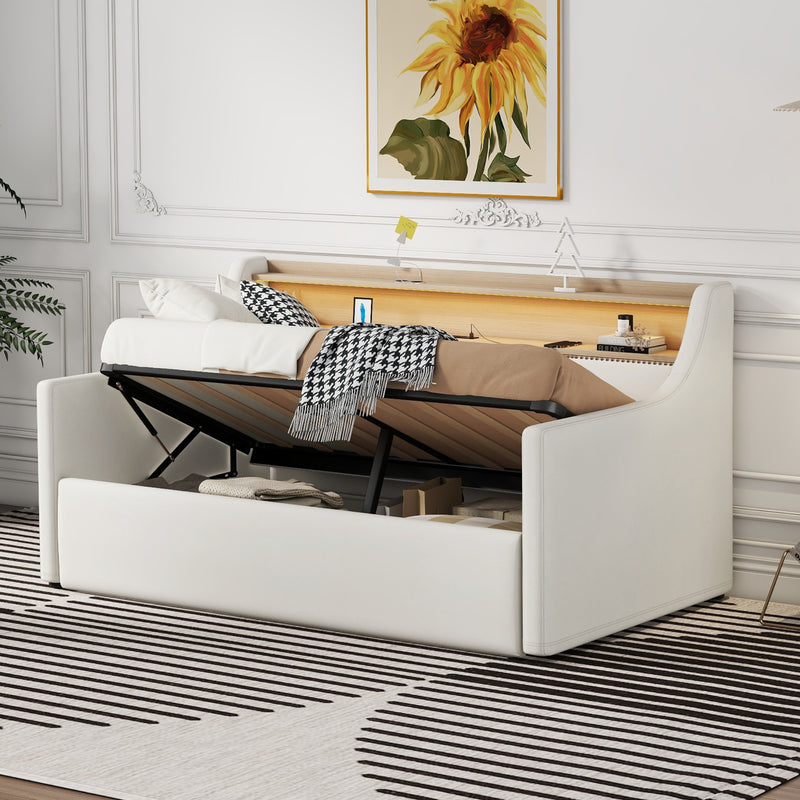 Twin Size Daybed with Hydraulic Storage, Upholstered Daybed with Lift Up Storage, Twin Leather Daybed with Charging Station and LED Lights,White(Expect arrival date Feb.13rd)