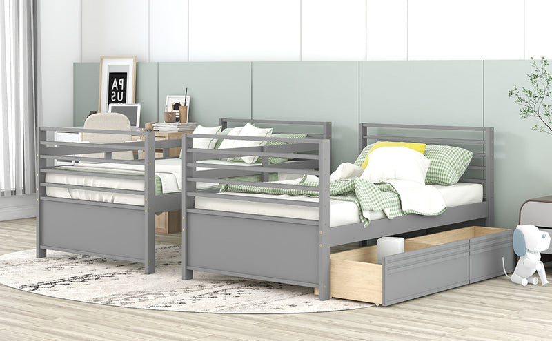 Twin over Twin Wood Bunk Bed with Two Drawers - Gray