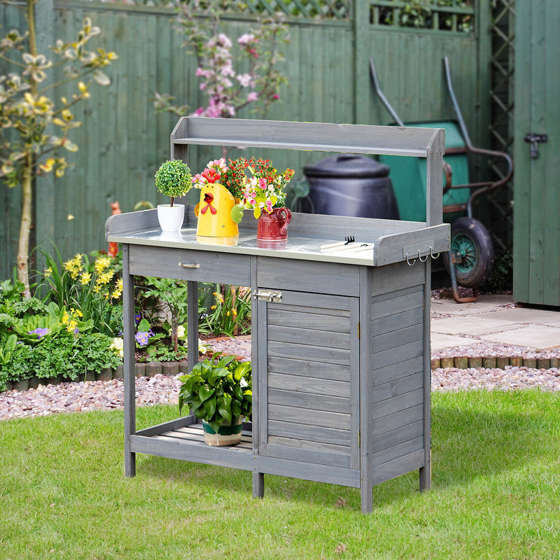 Outsunny - Outdoor Potting Bench Table, Garden Work Station With Storage Cabinet, Open Shelf And Steel Tabletop - Gray