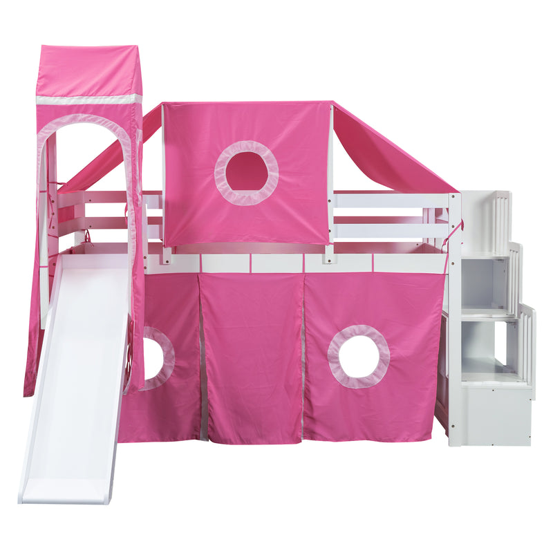 Twin Size Loft Bed with Tent and Tower - Pink