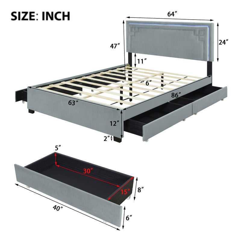 Queen Size Upholstered Platform Bed with Rivet-decorated Headboard, LED bed frame and 4 Drawers, Gray