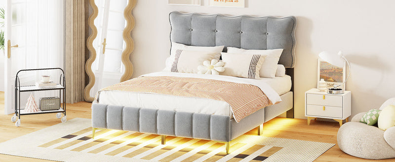 Queen Size Velvet Platform Bed with LED Frame and Stylish Mental Bed Legs, Gray