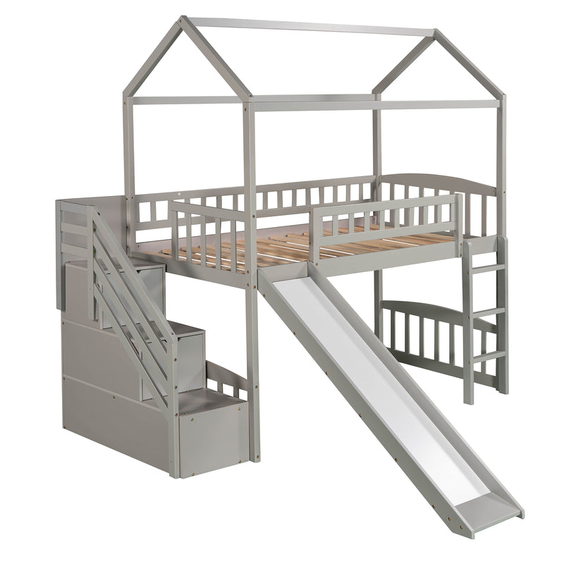 Twin Loft Bed with Two Drawers and Slide, House Bed with Slide, Gray (Old SKU: LP000130AAE)