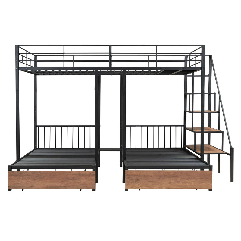 Full Over Twin-Twin Triple Bunk Bed With Drawers And Staircase - Black